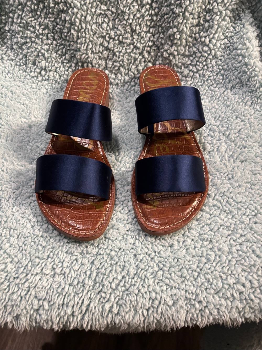 Sam Edelman Navy Double-Band Slide Sandals with Brown Footbed